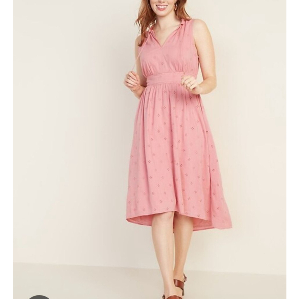 Old Navy Dress Size M Pink Antique Coral Waist-Defined Tie Neck Eyelet Ruffle